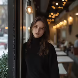 an attractive woman standing in front of a restaurant window