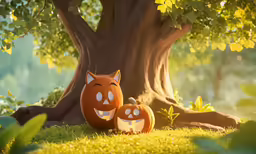 two pumpkins painted like faces sitting under a tree