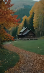 an old log cabin sits in a wooded area