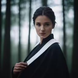a woman is standing in the woods with her jacket on