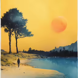two trees are standing on the beach as a man walks on the sand