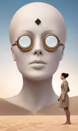 a woman standing in the desert next to an alien head with large binoculars