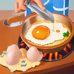 a painting of some eggs being cooked on an egg cooker,a person is cooking eggs in a pan on an outdoor grill