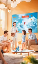 an adult and child looking at the air in a living room