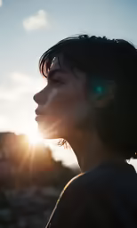 a woman is looking down and to the sky