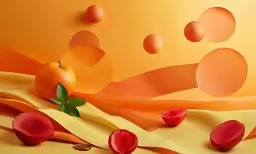 a peach and other fruits in mid air with paper on the ground