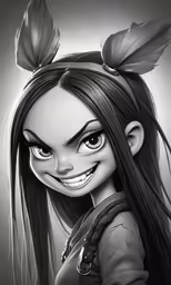 a cartoon girl with long hair with two horns on her head