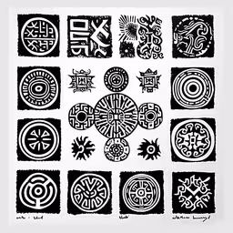 six lines of a piece of art drawn by pen,a square, black and white image of nine different types of shapes