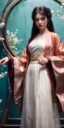a girl in a white and brown dress