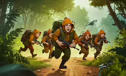 this is a painting of some soldiers walking in the woods,a painting of some people in military uniforms running