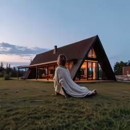 a woman is sitting in the grass outside of a house