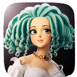 a digital image of an animated doll wearing mint - blue hair