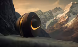 a portable speaker sitting on top of a large rock
