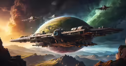 a group of ships in a mountain valley at sunset