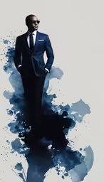 a man wearing a suit, tie and sunglasses stands in front of a painting