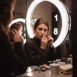 a beautiful woman putting her hands in her mouth