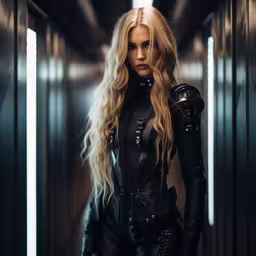 a woman dressed in leather and black standing in an corridor,the beautiful woman in a leather outfit is posing for the camera