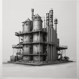 an old picture of two large factory chimneys