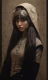 a woman dressed in medieval costume and bonnet