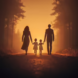 silhouette of two adults and two kids with their hand in the air as the sun goes down