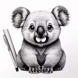 a black and white drawing of a koala holding a pen
