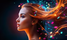 a woman with flowing hair looks into the distance