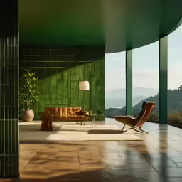 a room with a wall painted green and a chair and a lamp
