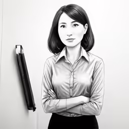a woman standing by a wall and a pen in her hand