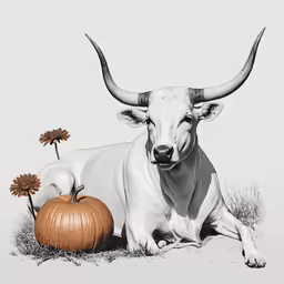 the long horn steer is lying down with a small pumpkin