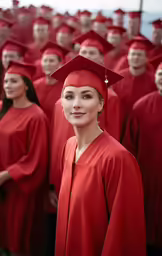 a woman standing next to a group of people in red graduation gowns