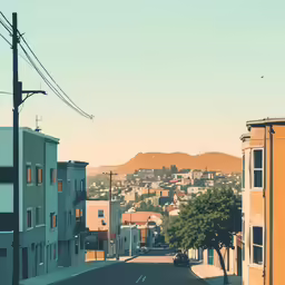 a city street with hills in the background