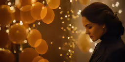 a woman using a smart phone with several orange lights in the background