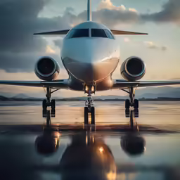 an airplane sits on the tarmac in front of the setting sun