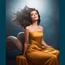 a woman with long hair is sitting down and posing for the camera