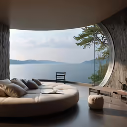 a living area with a large window that opens to the outside