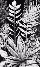 botanical plant drawing with black and white background,black and white artwork featuring an exotic plant