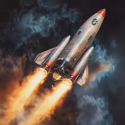 a vintage rocket is hitting some orange fire and a black sky
