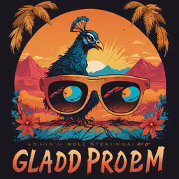 an orange and blue graphic that reads glad prom,the title for glad prom, featuring a rooster wearing sunglasses