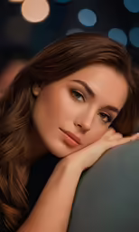 a beautiful young woman leaning on a gray couch