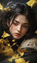a woman with black hair and eyes surrounded by falling leaves