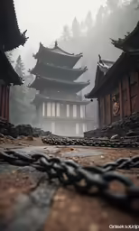 the courtyards are chained with chains, in an area where buildings can be seen