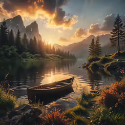 a painting of a canoe sitting on the shore of a lake