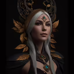 a woman wearing a horned headpiece with gold and turquoise jewels