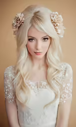 a young woman with blonde hair wearing a long hairstyle and flower clips