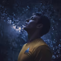 a man in a yellow shirt looks up into the sky