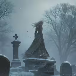a ghostlyly dressed woman in a graveyard in winter,a gothic cemetery with an old statue and cross in the snow
