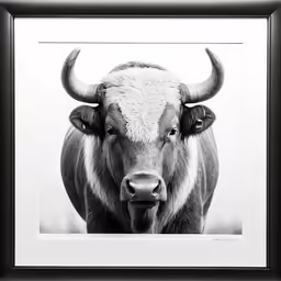 a black and white picture of a buffalo standing