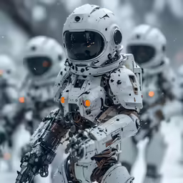 a group of men dressed in white suits walking through the snow