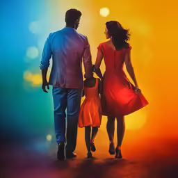 the man and woman are walking down the road