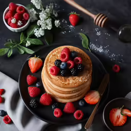 a stack of pancakes with berries on top, next to two small bowls with strawberries and berries